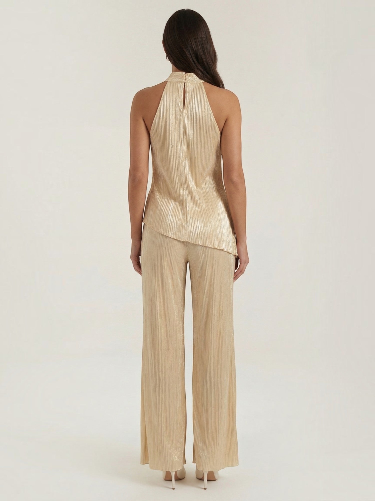 Pleated High Neck Wide Leg Jumpsuit