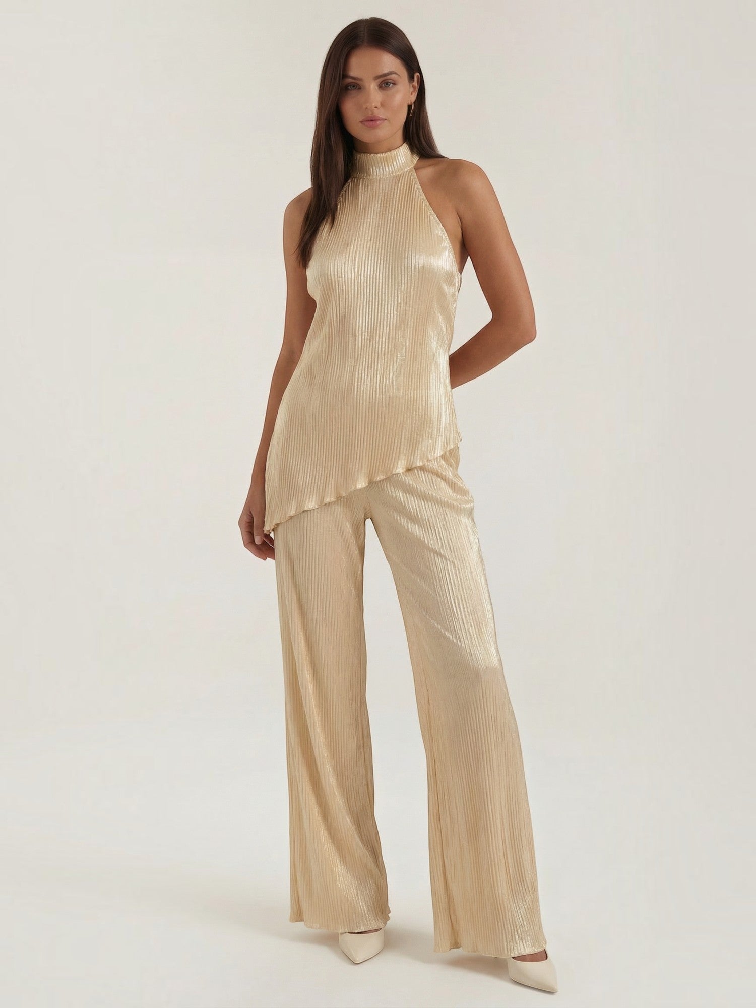 Pleated High Neck Wide Leg Jumpsuit