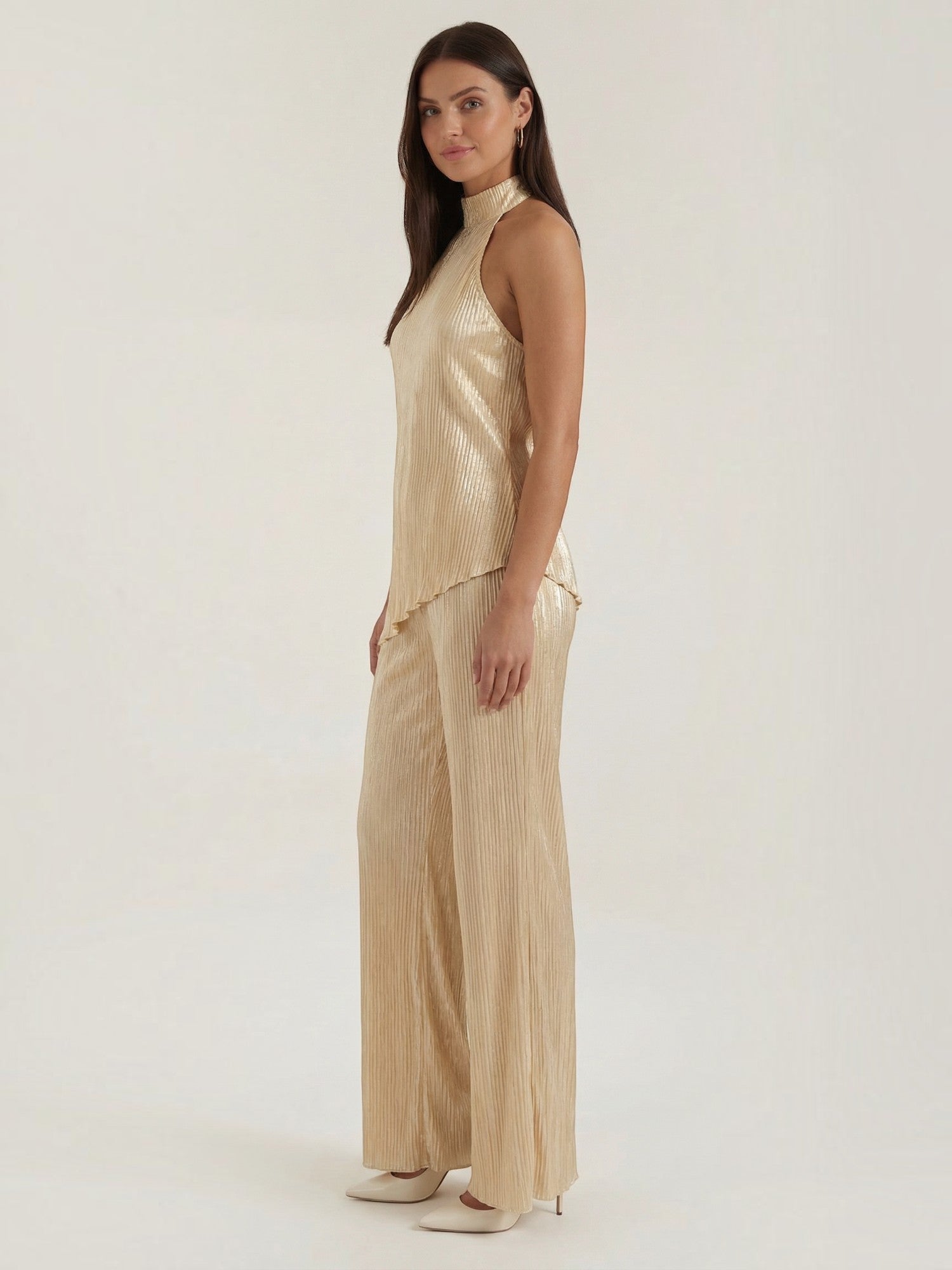 Pleated High Neck Wide Leg Jumpsuit