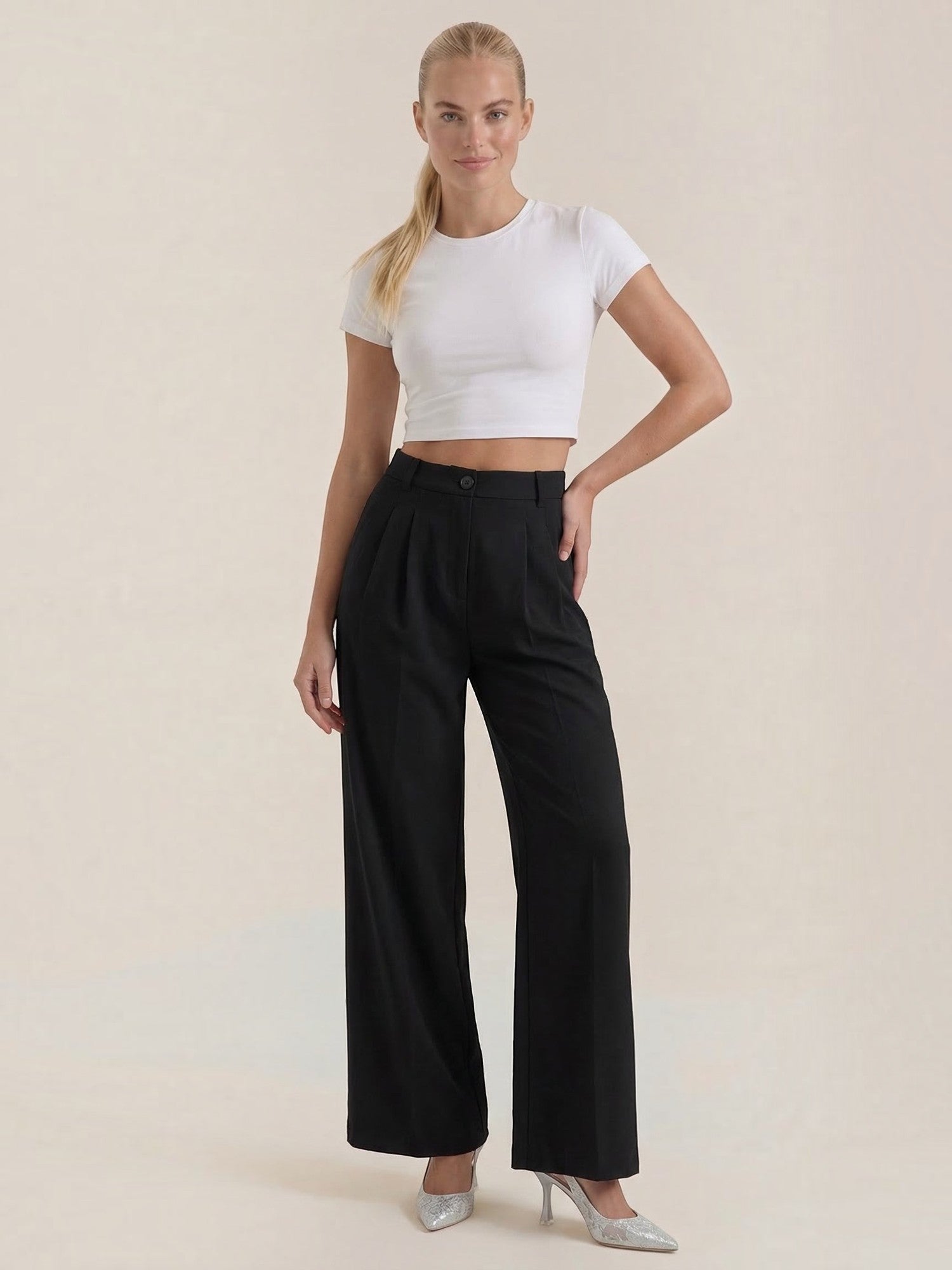 High Waist Pleated Wide Leg Trousers