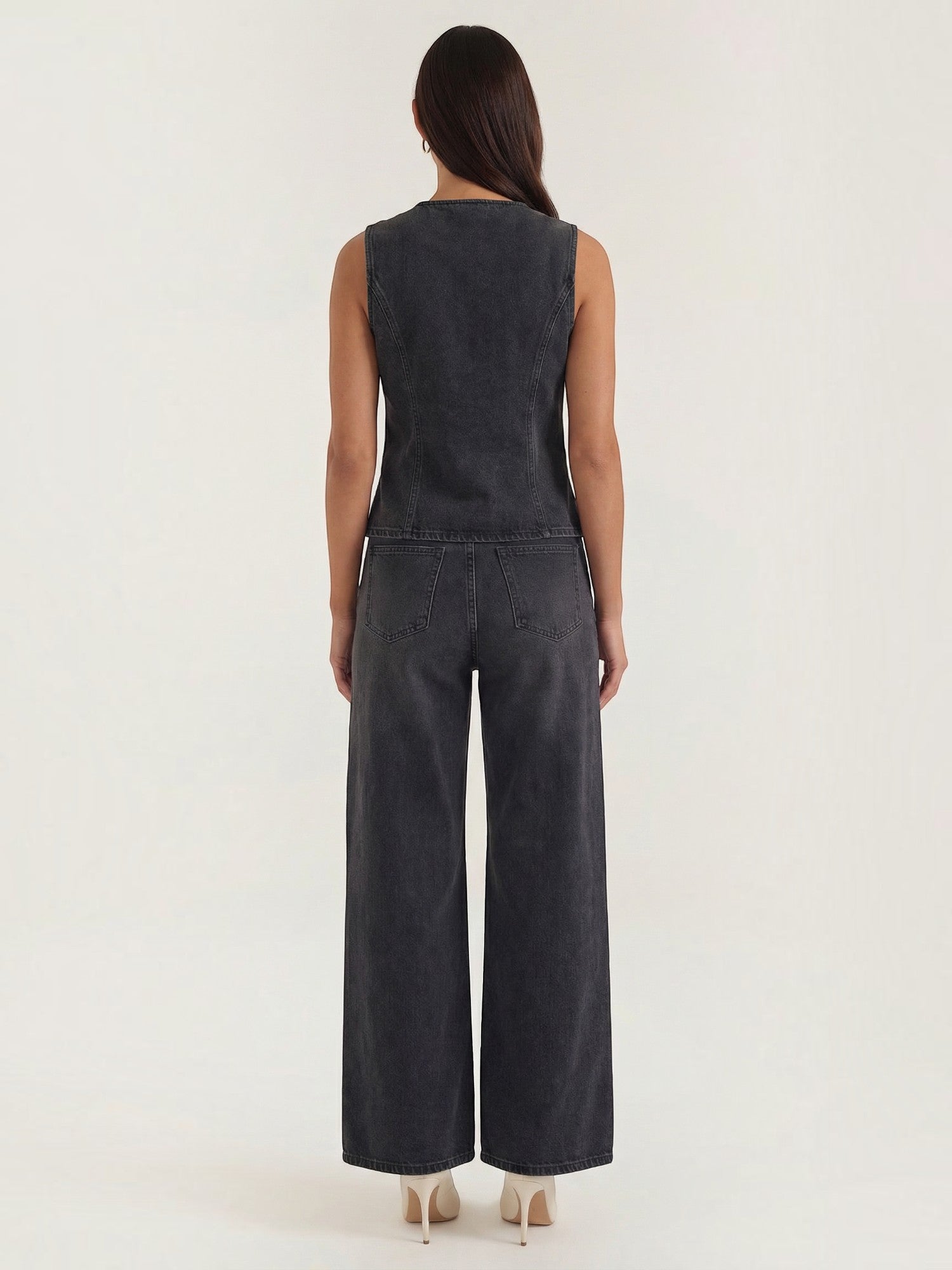 Cotton Denim Vest & Wide Leg Trousers Set