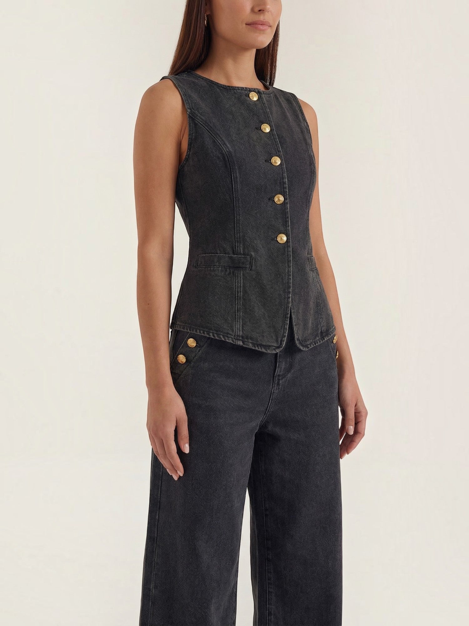 Cotton Denim Vest & Wide Leg Trousers Set