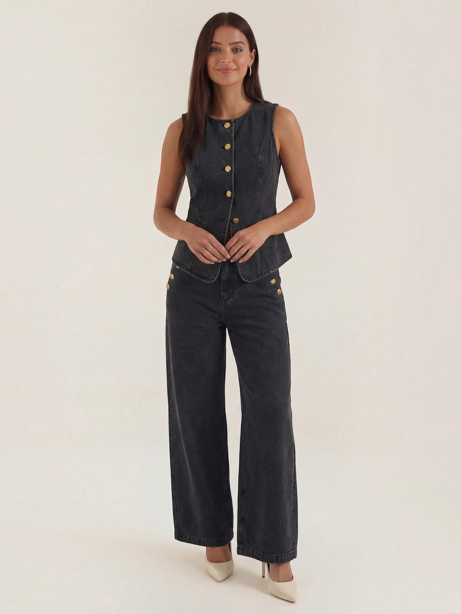 Cotton Denim Vest & Wide Leg Trousers Set