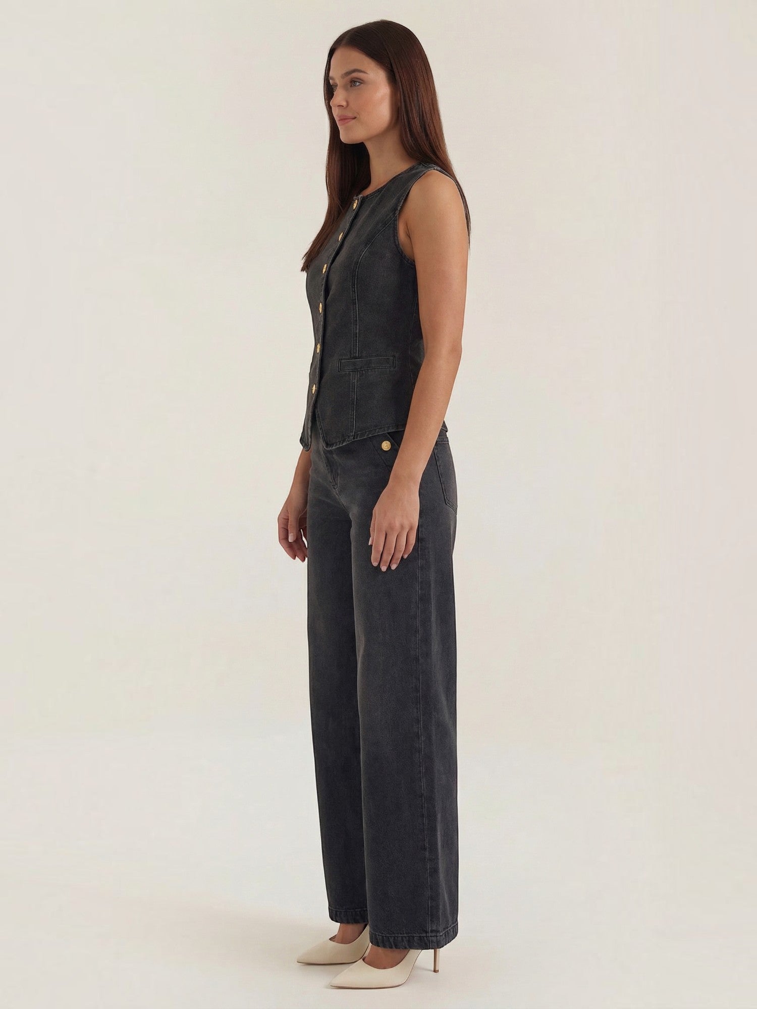 Cotton Denim Vest & Wide Leg Trousers Set