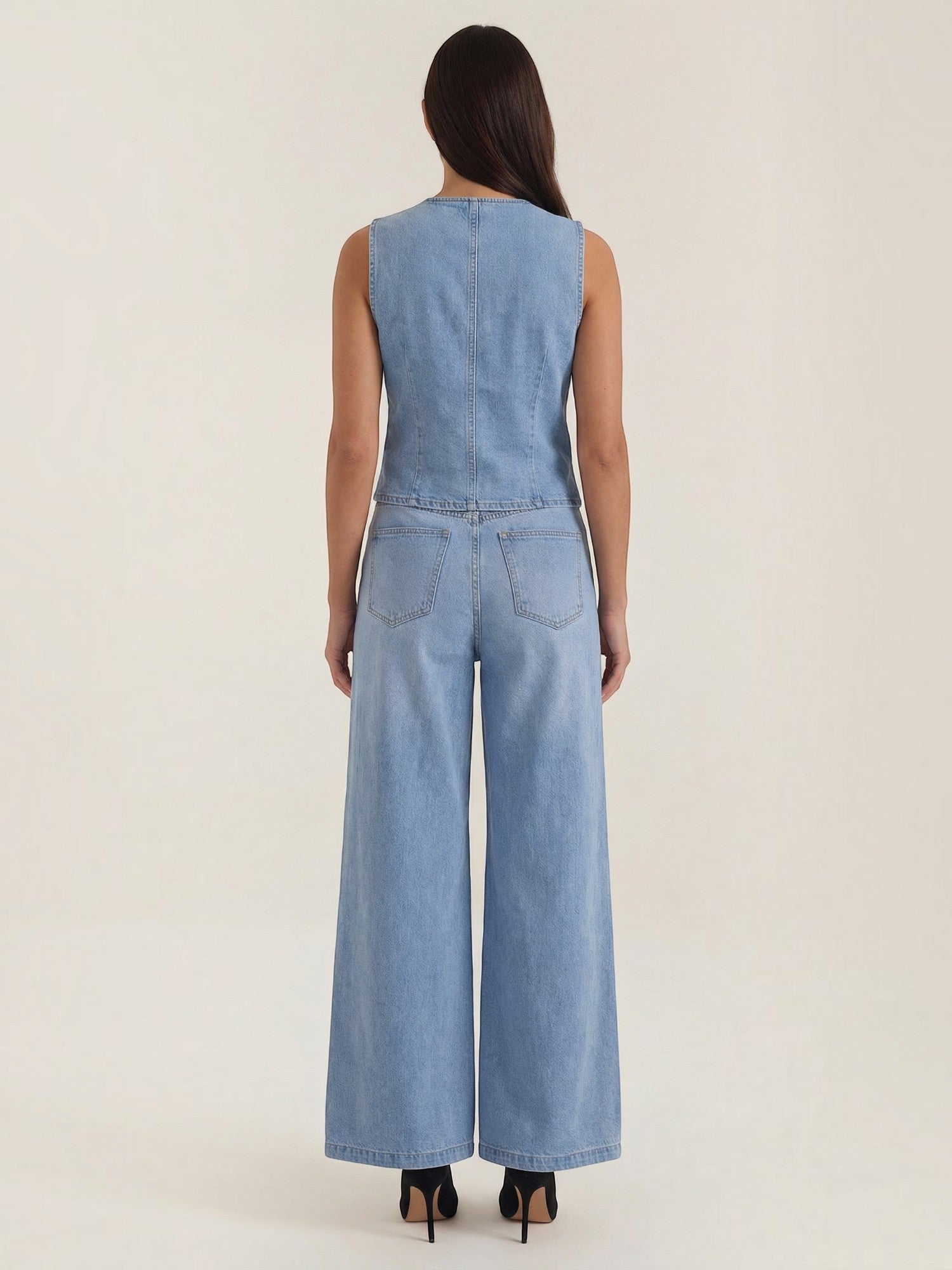 Cotton Denim Vest & Wide Leg Trousers Set