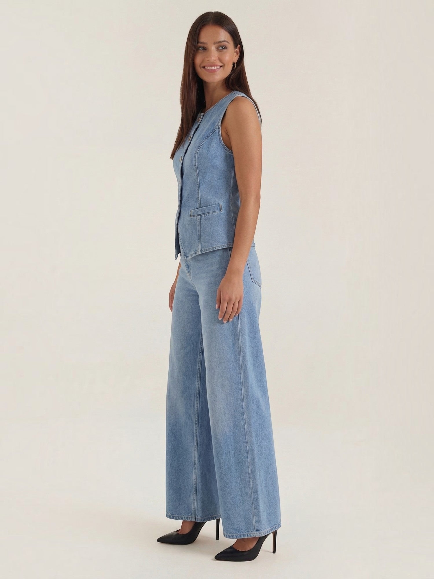Cotton Denim Vest & Wide Leg Trousers Set