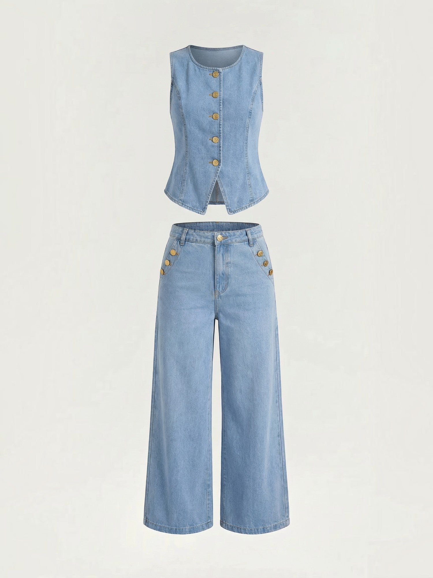 Cotton Denim Vest & Wide Leg Trousers Set